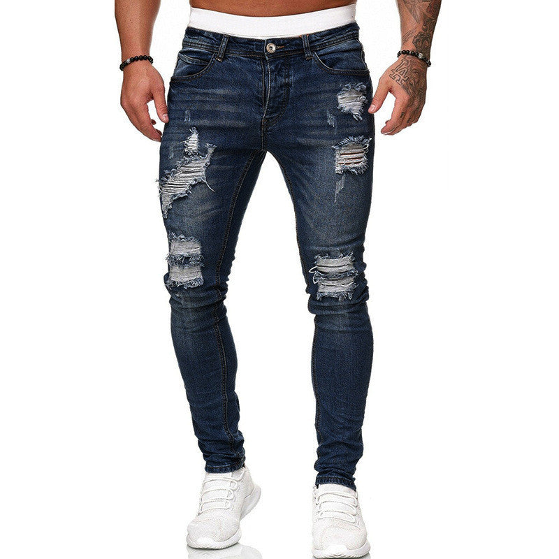 Fashion Street Style Ripped Skinny Jeans Men Vintage Wash Solid Denim Trouser Mens Casual Slim Fit Pencil Denim Pants