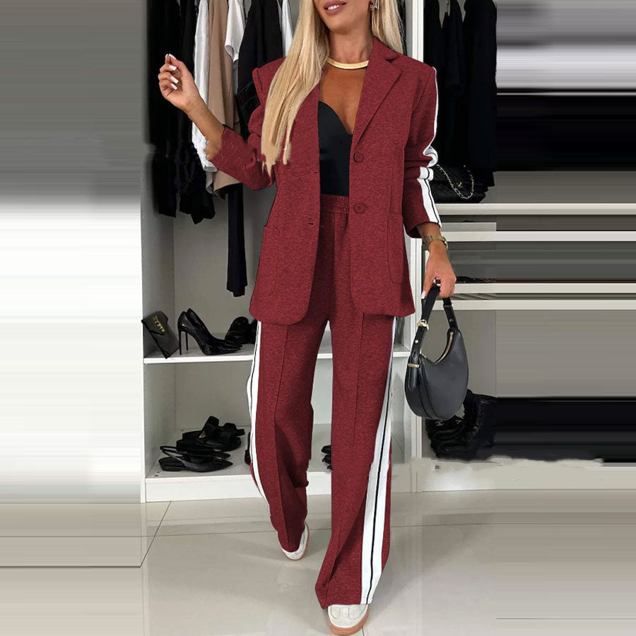Women's Casual Suit Lapel Single-breasted Jacket And Striped Straight Pants Fashion Sports Trousers Suit Outerwears Clothing
