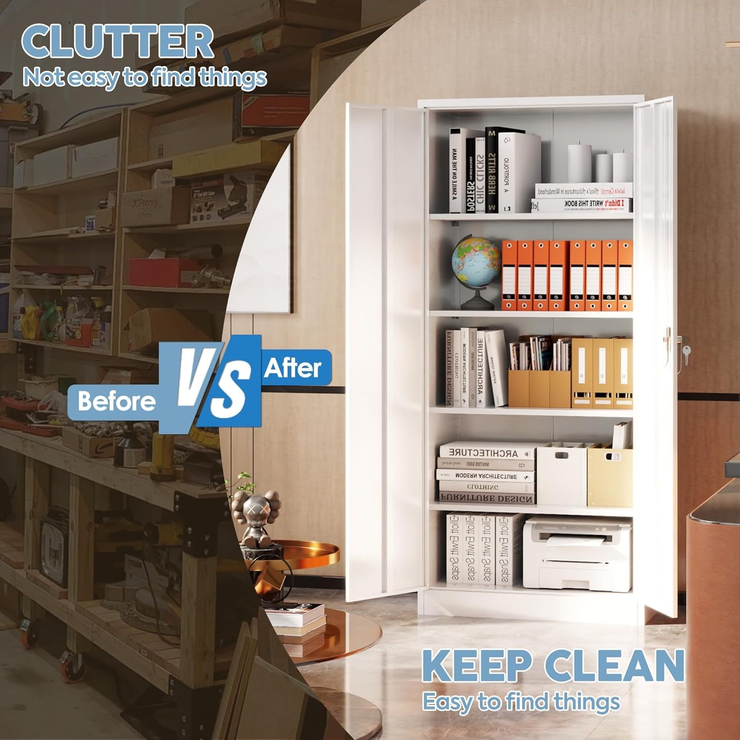 Metal Cabinet,Garage Storage Cabinet With 4 Adjustable Shelves,Locking Tool Cabinets For Garage,Home,Office,Gym,School White