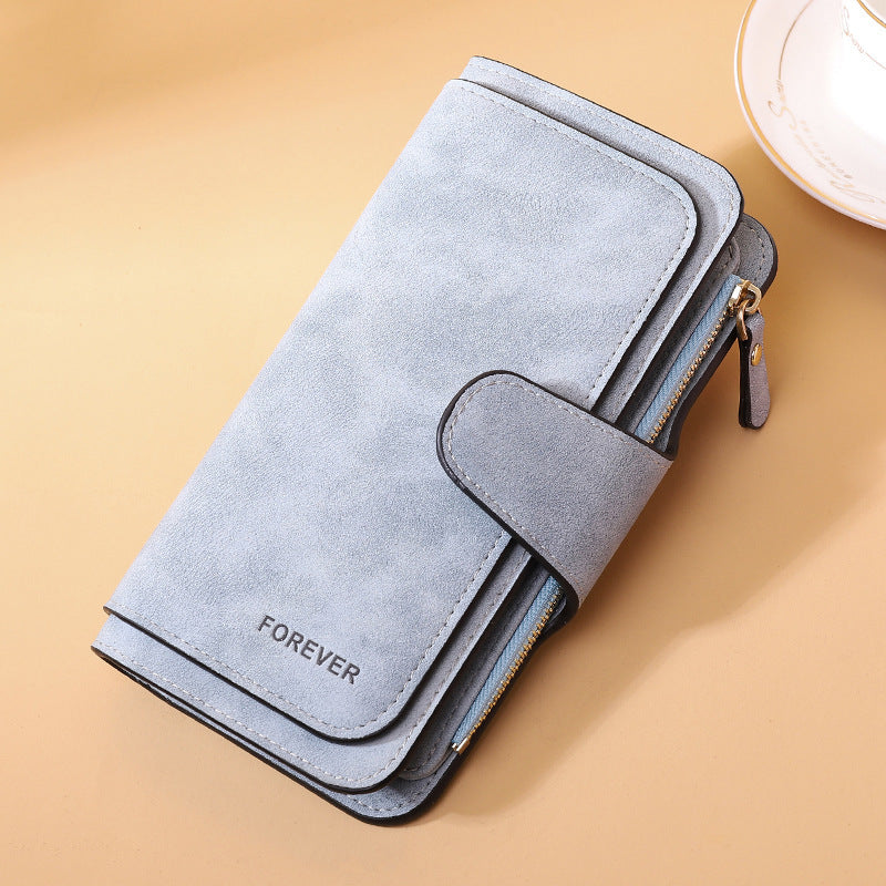 New Buckle Women's Long Wallet Three Fold Fashion Women's Bag Multi-card Women's Purse Frosted Two-tone Fabric