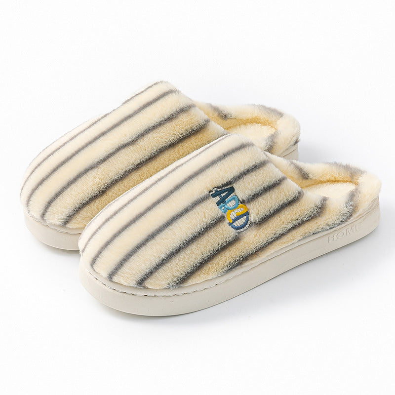 Ins Plush Striped Slippers Winter Warm Letter Embroidered Shoes Fashion Floor Bedroom Home Slipper For Women Men Couples