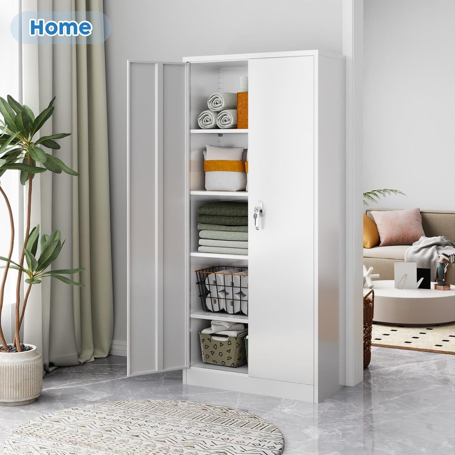 Metal Cabinet,Garage Storage Cabinet With 4 Adjustable Shelves,Locking Tool Cabinets For Garage,Home,Office,Gym,School White