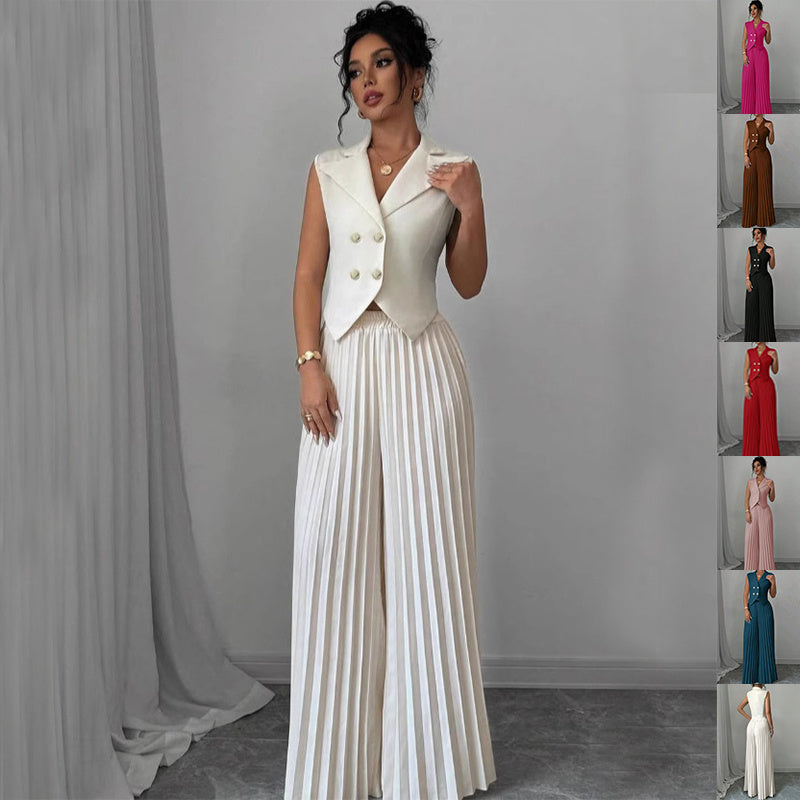 Summer Sleeveless Suit Fashion Lapel Button Vest Top And Pleated Straight Pants Women's Trousers Set Clothing