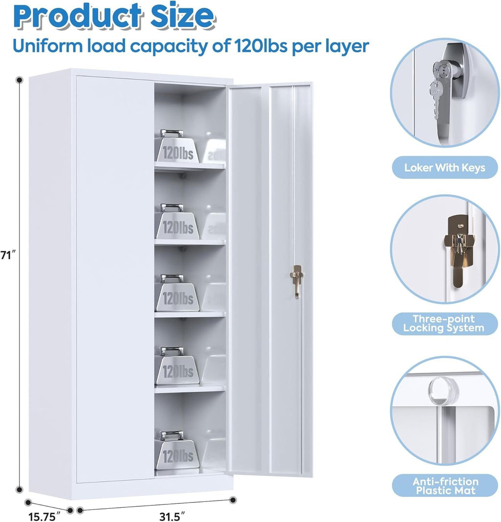 Metal Cabinet,Garage Storage Cabinet With 4 Adjustable Shelves,Locking Tool Cabinets For Garage,Home,Office,Gym,School White