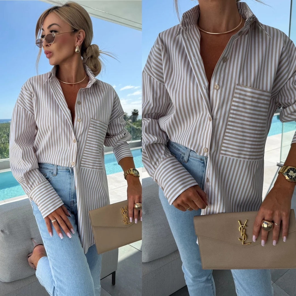 Spring Summer Long Sleeve Lapel Shirt Striped Print Lapel Shirt With Irregular Hem Button Placket Casual Loose Women's Blouses