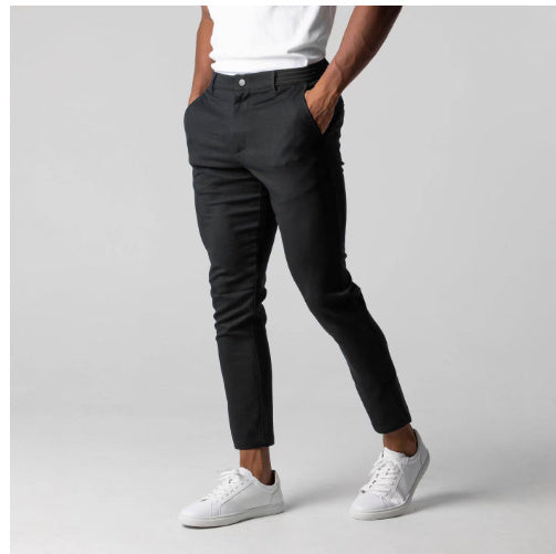 Comfortable Solid Color Pants Elegant Slim Fit Men's Business Trousers With Elastic Waist Button Closure Pockets