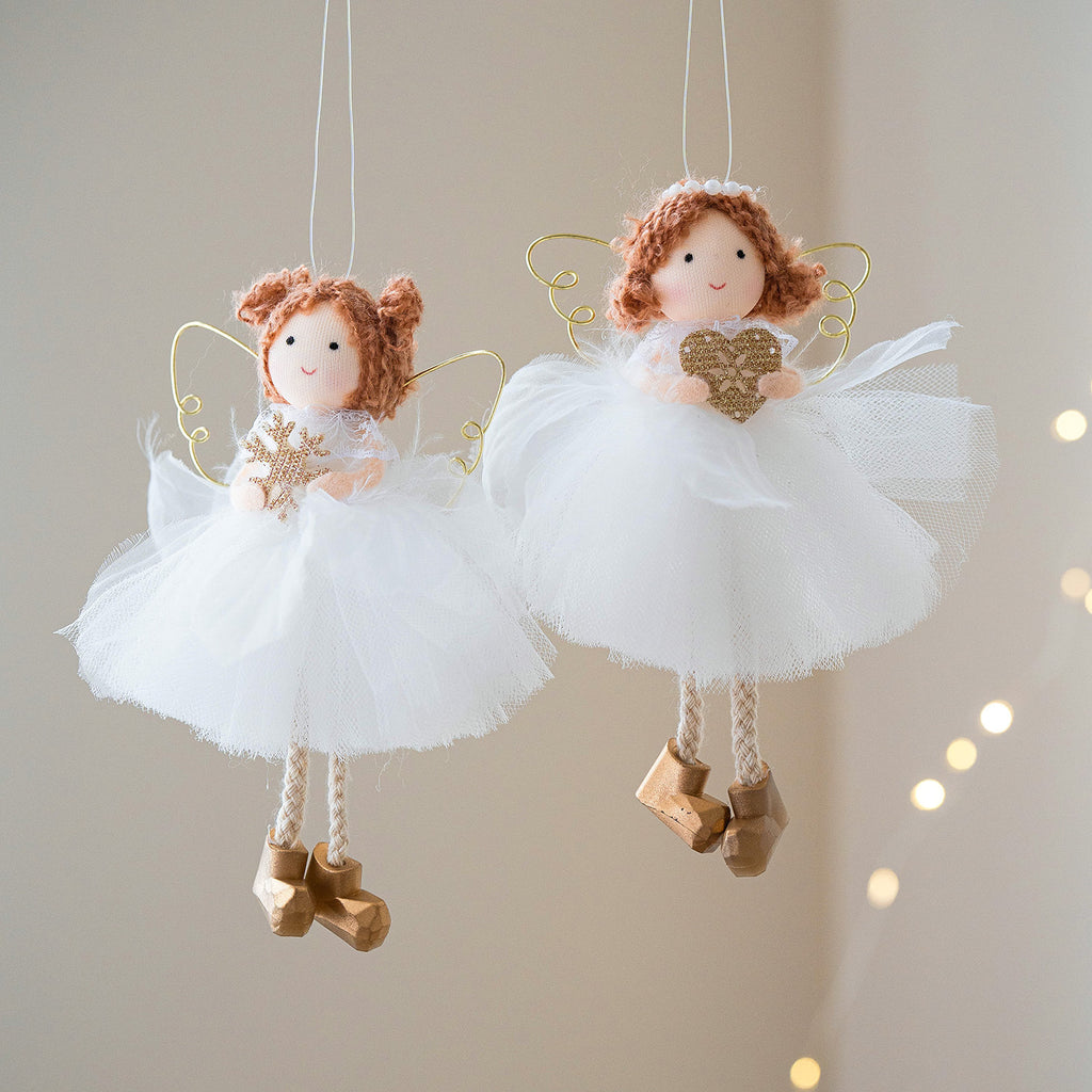 Christmas White Tulle Skirt Golden Wings Angel Girl Pendant