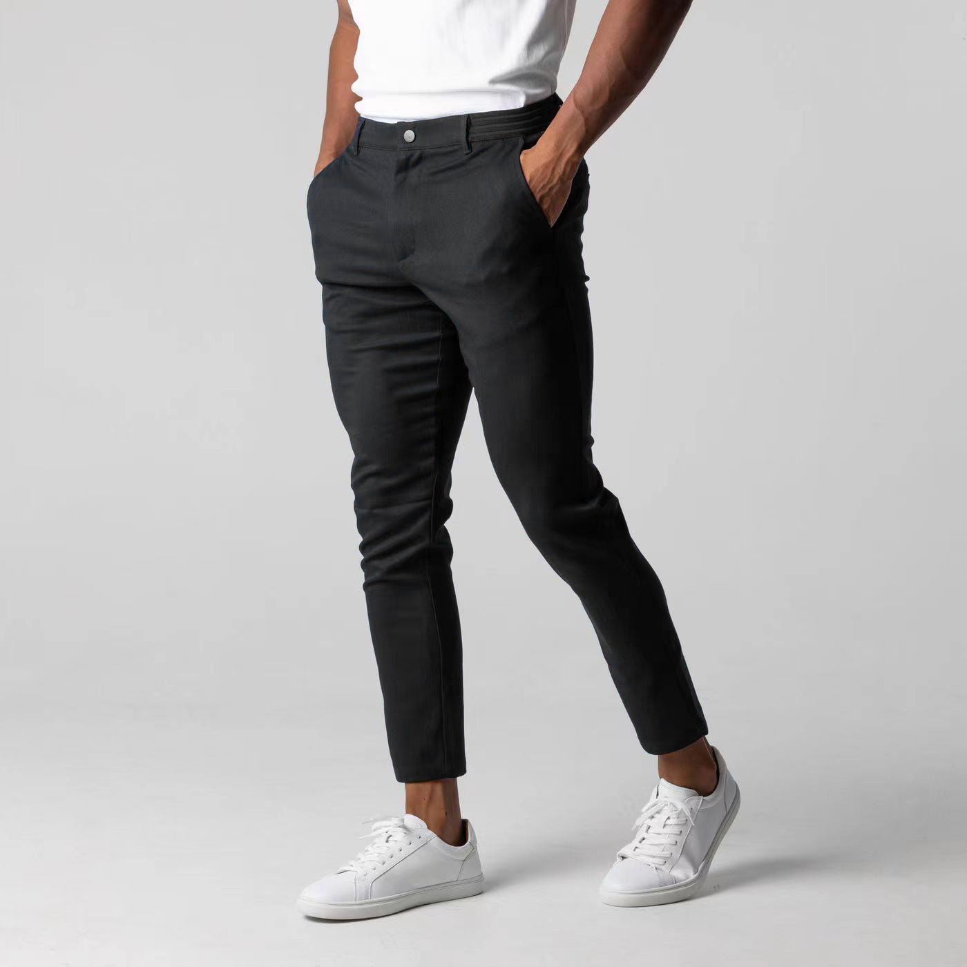 Comfortable Solid Color Pants Elegant Slim Fit Men's Business Trousers With Elastic Waist Button Closure Pockets