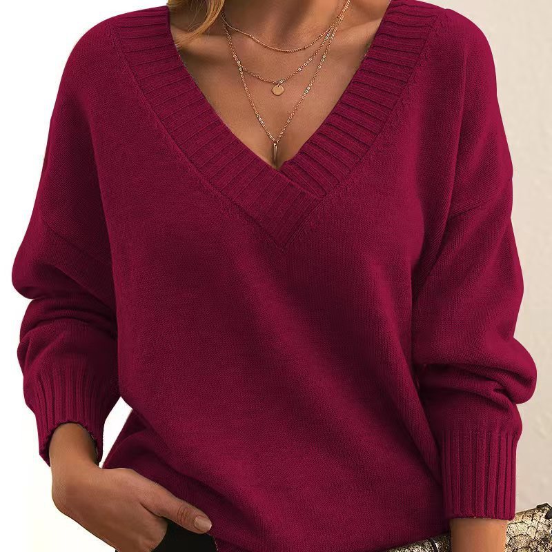 Solid V-neck Sweater Fashion Loose Long-sleeved Knitted Tops Autumn And Winter Women's Clothing