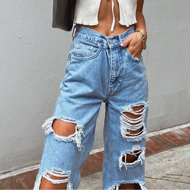Women's American Retro Hole-punched Jeans Women High Waist Straight-crotch Loose Slim Design High-street Vibe Wide-legged Dragging Pants