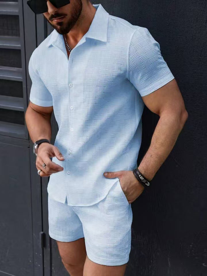 Leisure Breathable Beach Two Piece Suits Mens Summer Casual Short Sleeve Shirt And Shorts Men Outfits Vintage Textured Solid Set
