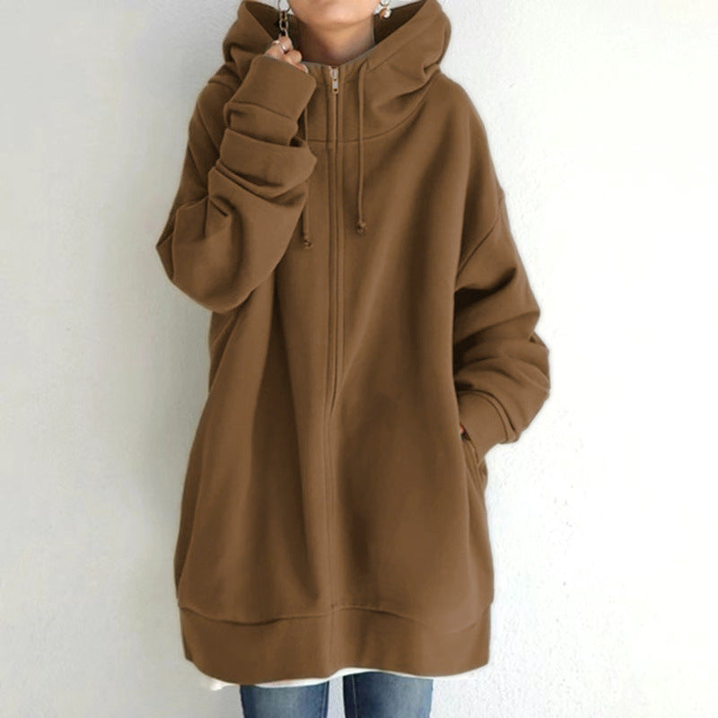 Oversized S-5XL Women Loose Hooded Coats Autumn Female Tie Collar Long Sleeve Zipper Up Add Velvet Long Sweatshirt
